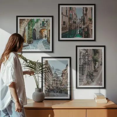 Set of 4 wall art pieces featuring Venetian streets and water architecture
