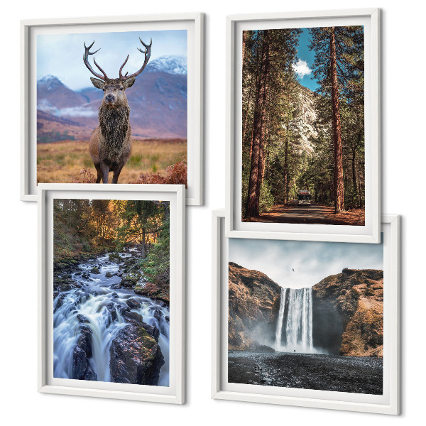 Wall art set Waterfall forest mountains deer nature
