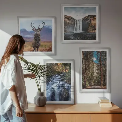 Waterfall Forest Mountain Deer Wall Art Set nature themed landscape prints