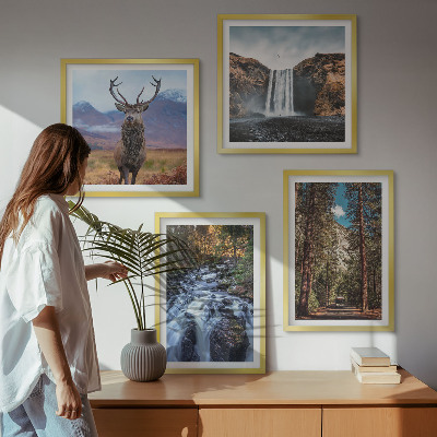 Wall art set Waterfall forest mountains deer nature