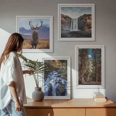 Wall art set Waterfall forest mountains deer nature