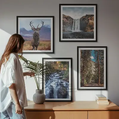 Waterfall Forest Mountain Deer Wall Art Set nature themed landscape prints