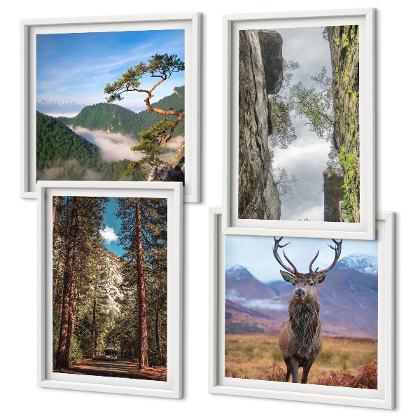 Set of 4 wall art pieces Road forest mountains deer nature