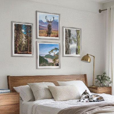 Set of 4 wall art pieces Road forest mountains deer nature
