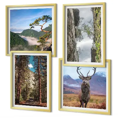 Set of 4 wall art pieces featuring a road through a forest with mountains and deer