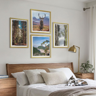 Set of 4 wall art pieces Road forest mountains deer nature