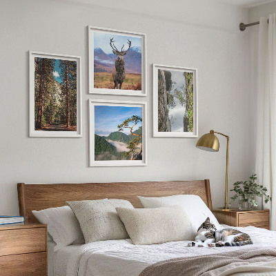 Set of 4 wall art pieces Road forest mountains deer nature