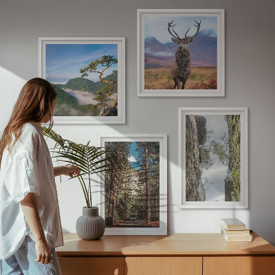 Set of 4 wall art pieces Road forest mountains deer nature