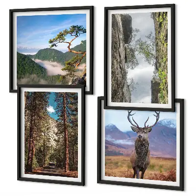 Set of 4 wall art pieces featuring a road through a forest with mountains and deer