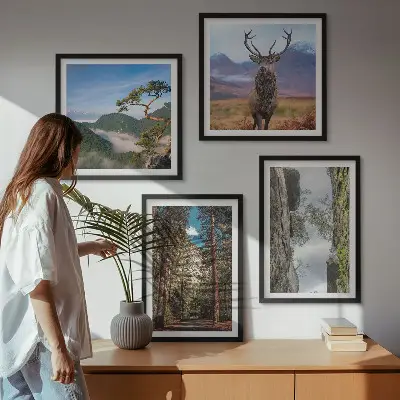 Set of 4 wall art pieces featuring a road through a forest with mountains and deer