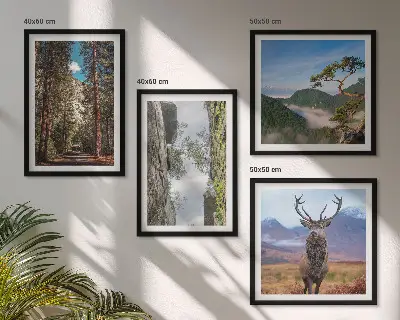 Set of 4 wall art pieces featuring a road through a forest with mountains and deer