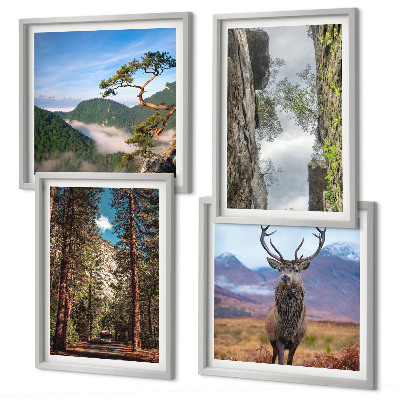 Set of 4 wall art pieces Road forest mountains deer nature