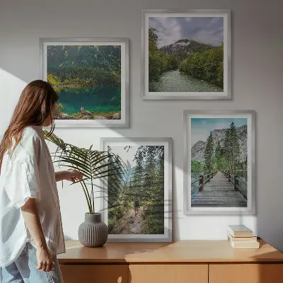 Multi-piece wall decor set featuring mountains, lakes, forests, and paths