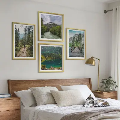 Multi-piece wall decor set featuring mountains, lakes, forests, and paths