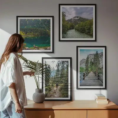 Multi-piece wall decor set featuring mountains, lakes, forests, and paths