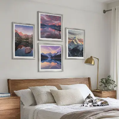 Mountain landscape wall art set featuring a mountain scenery background