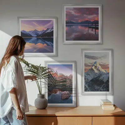 Mountain landscape wall art set featuring a mountain scenery background