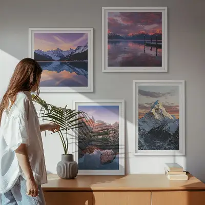 Mountain landscape wall art set featuring a mountain scenery background