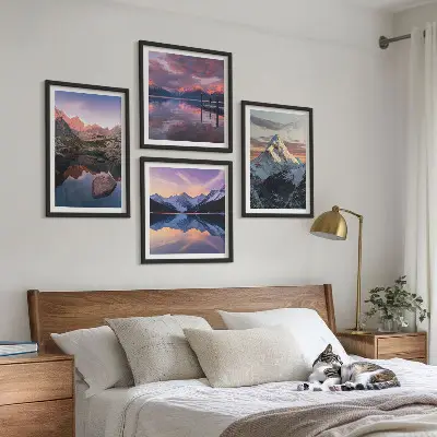 Mountain landscape wall art set featuring a mountain scenery background