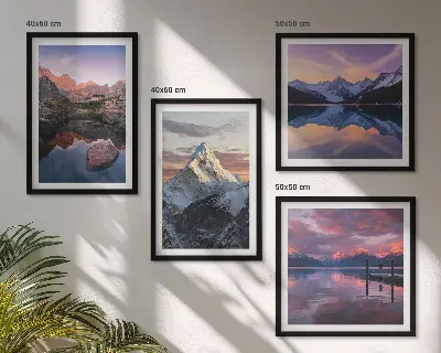Mountain landscape wall art set featuring a mountain scenery background