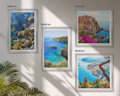 Set of 4 wall art pieces seaside views with colorful houses
