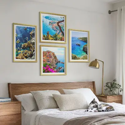 Set of 4 wall art pieces seaside views with colorful houses