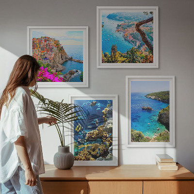 Set of 4 wall art pieces Seaside views, colorful houses