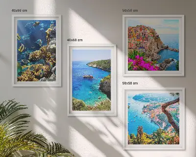 Set of 4 wall art pieces seaside views with colorful houses