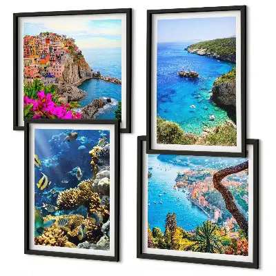 Set of 4 wall art pieces seaside views with colorful houses