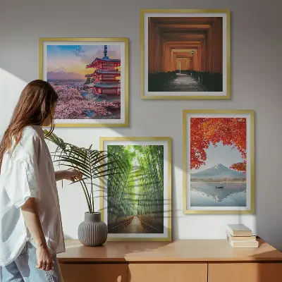 Multi-piece wall decor set featuring a Fuji torii gate in a Japanese bamboo forest