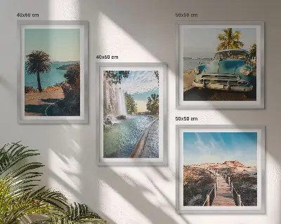 Wall art set featuring holiday palm trees and a waterfall