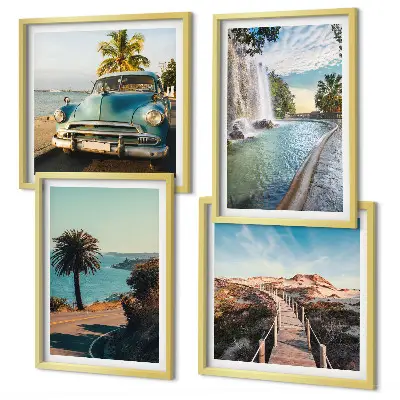 Wall art set featuring holiday palm trees and a waterfall