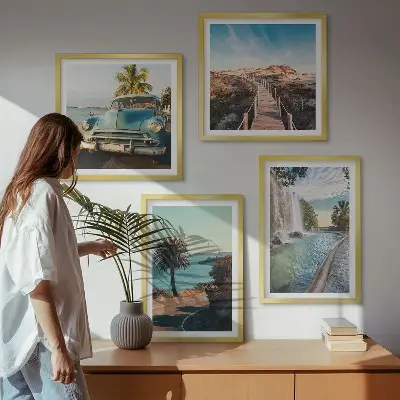 Wall art set featuring holiday palm trees and a waterfall
