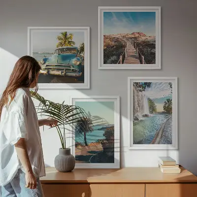 Wall art set featuring holiday palm trees and a waterfall