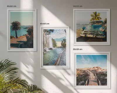 Wall art set featuring holiday palm trees and a waterfall
