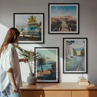 Wall art set featuring holiday palm trees and a waterfall