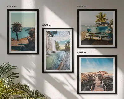 Wall art set featuring holiday palm trees and a waterfall