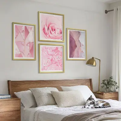 Pink Geometric Peonies wall art set 