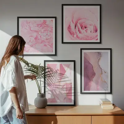 Pink Geometric Peonies wall art set 