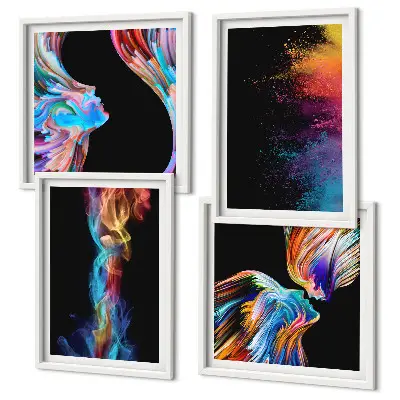 Set of 4 colorful abstract face wall art pieces featuring geometric shapes
