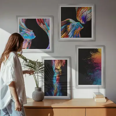 Set of 4 colorful abstract face wall art pieces featuring geometric shapes
