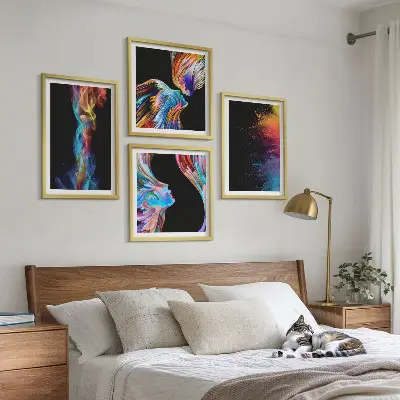 Set of 4 colorful abstract face wall art pieces featuring geometric shapes