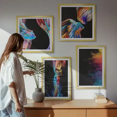 Set of 4 colorful abstract face wall art pieces featuring geometric shapes