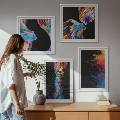 Set of 4 colorful abstract face wall art pieces featuring geometric shapes