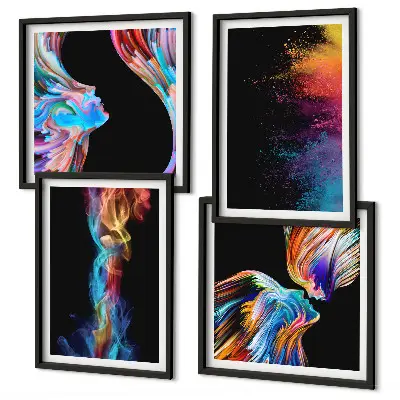Set of 4 colorful abstract face wall art pieces featuring geometric shapes