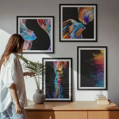 Set of 4 colorful abstract face wall art pieces featuring geometric shapes