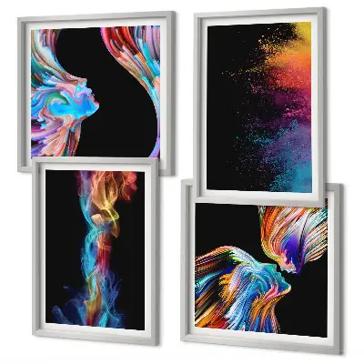 Set of 4 colorful abstract face wall art pieces featuring geometric shapes