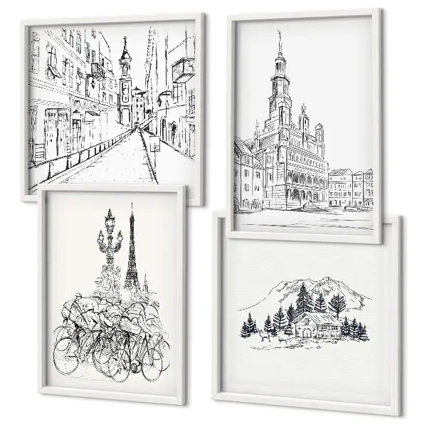 Set of 4 city view wall art prints simple drawings