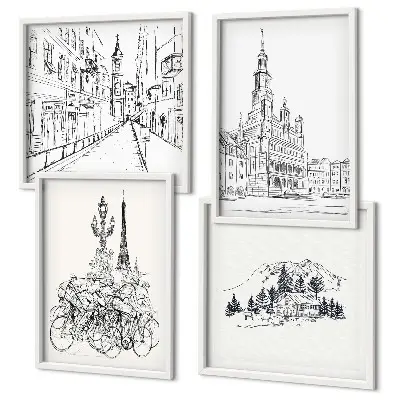 Set of 4 wall art pieces Simple drawings of city views