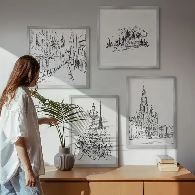 Set of 4 city view wall art prints simple drawings
